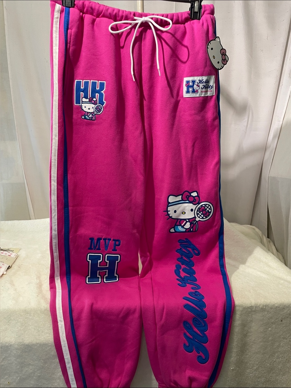 Hello Kitty Hot Pink Jogger Pants with Blue & White Stripes